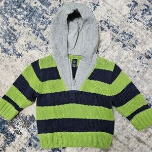 Baby Gap Sweater Toddler 12-18 Months Striped Green Navy Hoodie Cotton EUC